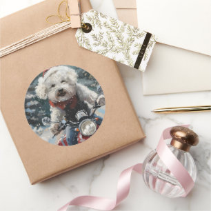 Adesivo Redondo Bichon Frise Dog Andando Moto Natal