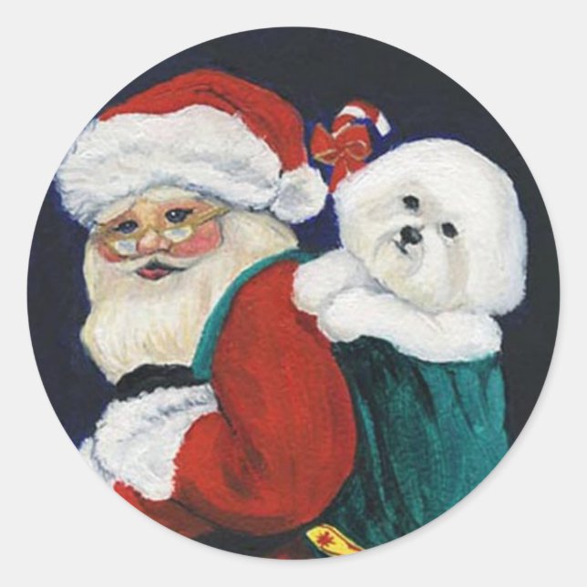 Adesivo Redondo Bichon Frise e Santa Claus Art Sticker (Frente)