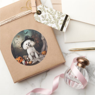 Adesivo Redondo Bichon Frise Pumpkins Halloween Scary