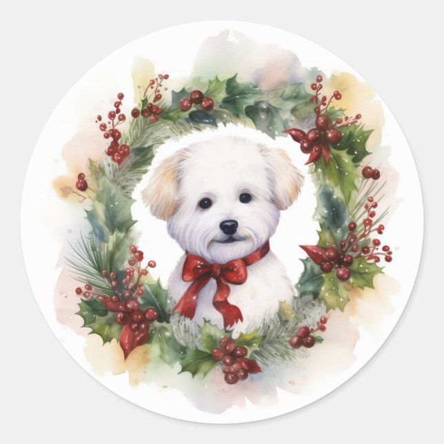 Adesivo Redondo Bichon Frise Wreath Festivo Pup (Frente)