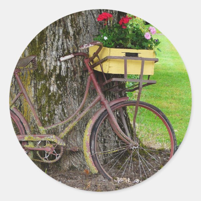 Adesivo Redondo Bicicleta Antiquada Antiga com Flower Basket (Frente)