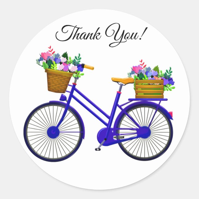 Adesivo Redondo Bicicleta Azul Com Cesta De Flores Obrigado (Frente)