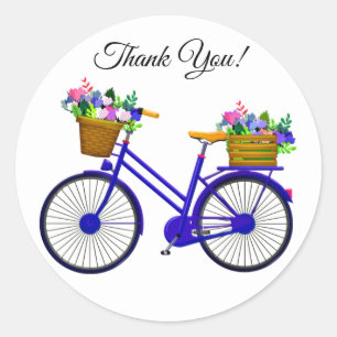 Adesivo Redondo Bicicleta Azul Com Cesta De Flores Obrigado