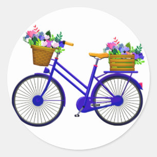 Adesivo Redondo Bicicleta Azul Com Cesta De Flores - Vinheta