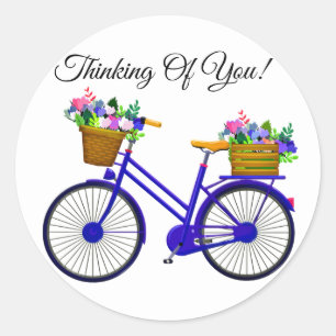 Adesivo Redondo Bicicleta Azul Com Cesto De Flores