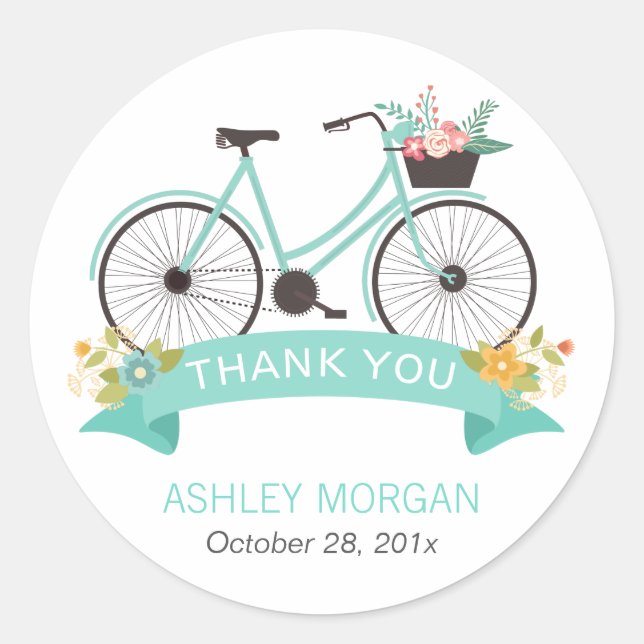 Adesivo Redondo Bicicleta Floral Bonita Pastel Verde Obrigado (Frente)