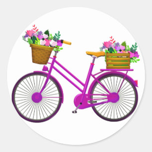 Adesivo Redondo Bicicleta Rosa Com Cesta De Flores -