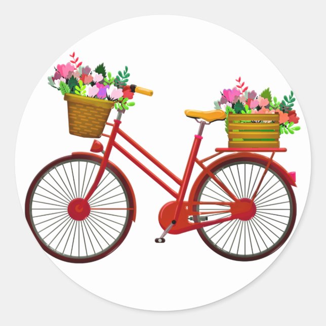 Adesivo Redondo Bicicleta Vermelha Com Cesta De Flores - (Frente)