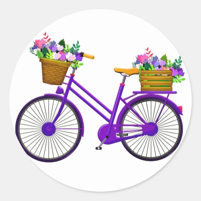 Adesivo Redondo Bicicleta Violeta Com Cesta De Flores - (Frente)