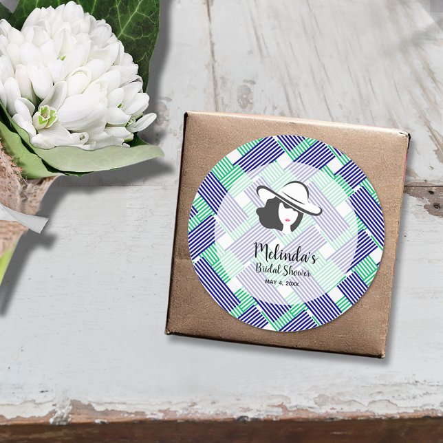 Adesivo Redondo Big Hat Derby Chá de panela Blue e Green Strips (Big hat Derby bridal shower 3" stickers (1-1/2" available, too))