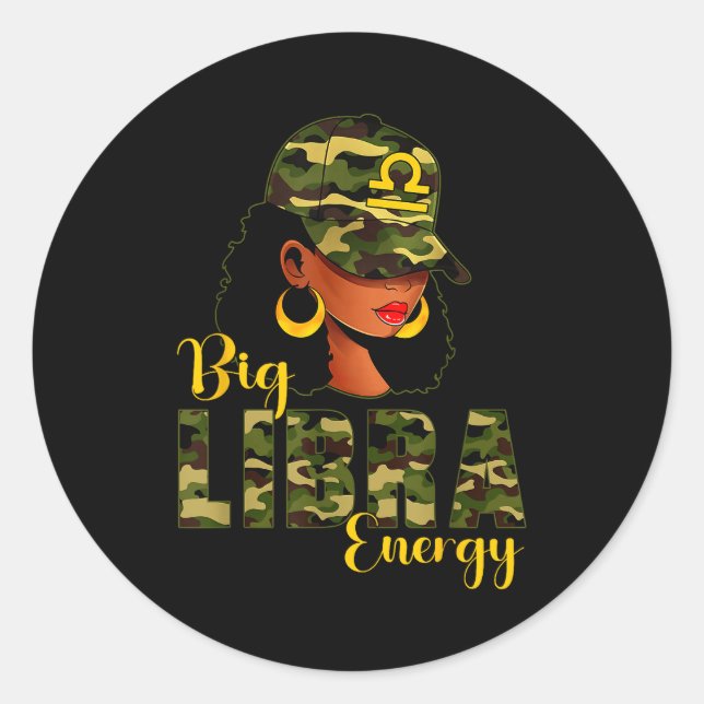 Adesivo Redondo Big Libra Energy Camouflage Black Woman Cap Zodiac (Frente)
