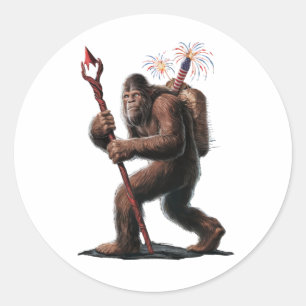 Adesivo Redondo Bigfoot Fireworks 4 de julho, US Flag Sasquatch