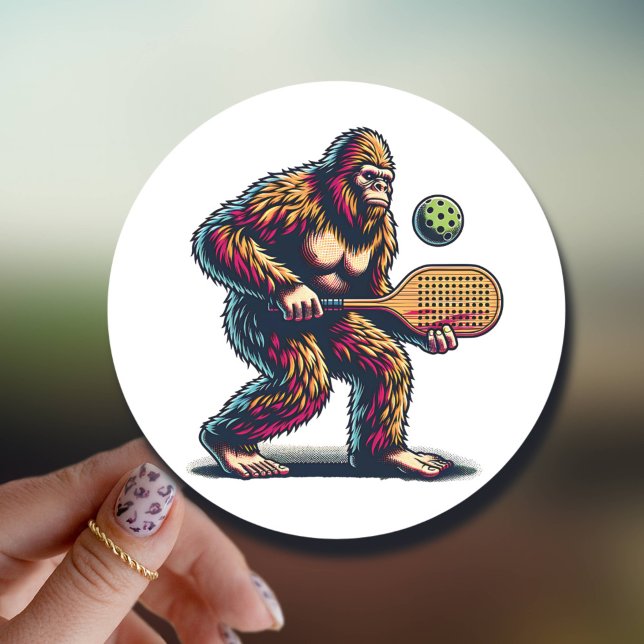 Adesivo Redondo Bigfoot Jogando Cartografia Engraçada Pickleball (Criador carregado)