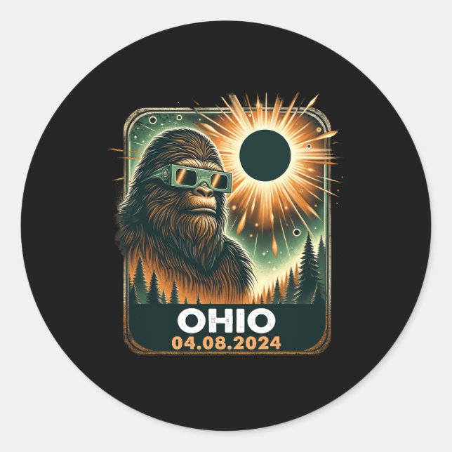 Adesivo Redondo Bigfoot Ohio Total Solar Eclipse 2024 Com Eclipse (Frente)