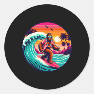 Adesivo Redondo Bigfoot Retro Surf Tropical Sasquatch Surfando