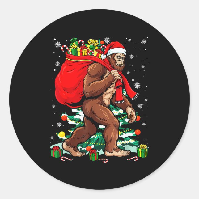 Adesivo Redondo Bigfoot Santa Carrying Christmas Bag Xmas Hat Sasq (Frente)