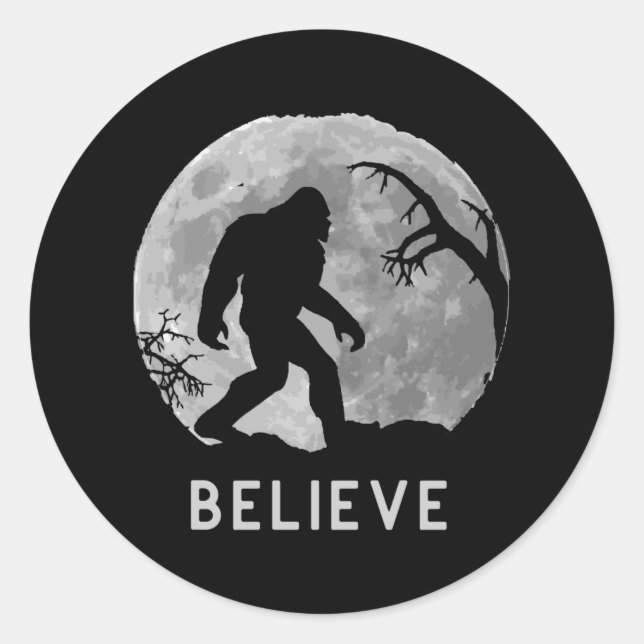 Adesivo Redondo Bigfoot Sasquatch Moon Yeti Believe (Frente)