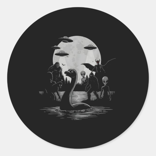 Adesivo Redondo Bigfoot Ufo Loch Ness Monster Mothman And Aliens!  (Frente)