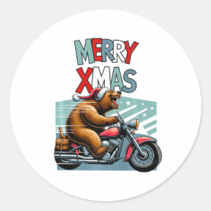 Adesivo Redondo Biker Bear Com O Chapéu De Natal Deseja Feliz Xmas