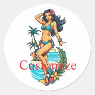 Adesivo Redondo Bikini Beach Girl Thunder_Cove, Cuja Cabeça Negra