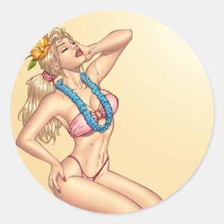 Adesivo Redondo Bikini Loura Pin-up Girl com flores por Al Rio