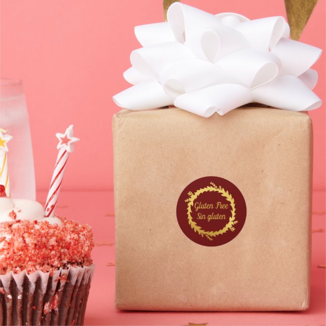 Adesivo Redondo Bilingue Vermelho Dourado Sem Glúten (Festa)