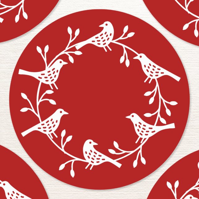 Adesivo Redondo Bird Wreath Moderno Estilo Escandinavo (Scandinavian style red and white bird wreath sticker)