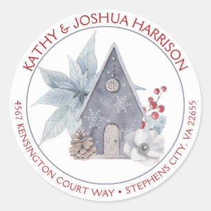 Adesivo Redondo Birdhouse Poinsettias Berries Endereço de Devoluçã