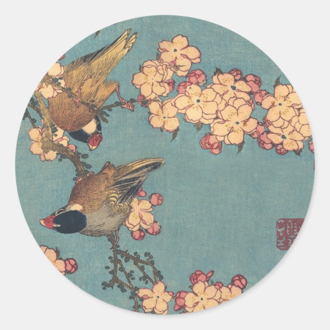 Adesivo Redondo Birds Flowers Hokusai Art Japonês (Frente)