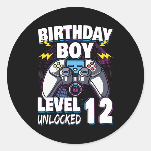Adesivo Redondo Birthday Boy Level 12 Unlocked Video Game 12th (Frente)