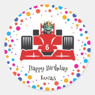 Adesivo Redondo Birthday Dinosaur Race car Garoto de Corrida Verme