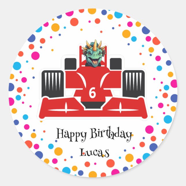 Adesivo Redondo Birthday Dinosaur Race car Garoto de Corrida Verme (Frente)