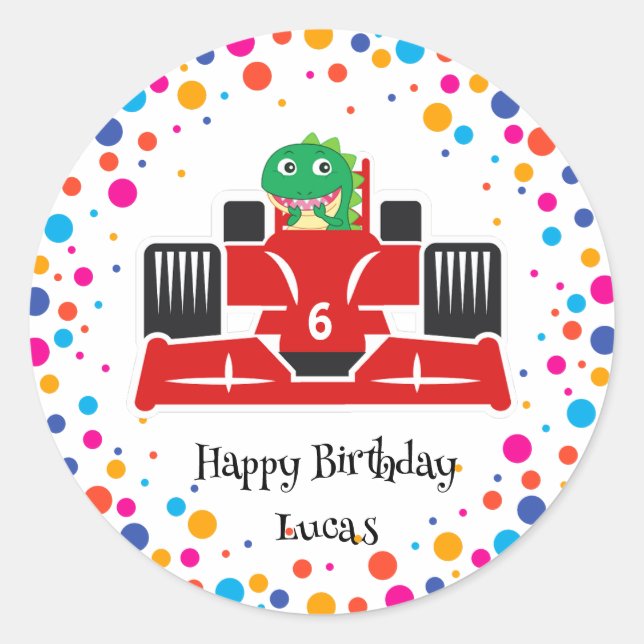 Adesivo Redondo Birthday Dinosaur Race car Garoto de Corrida Verme (Frente)