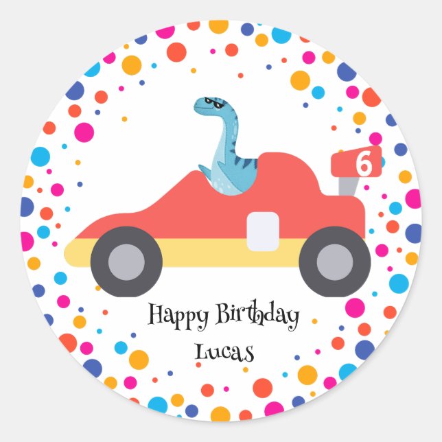 Adesivo Redondo Birthday Dinosaur Race car Garoto de Corrida Verme (Frente)
