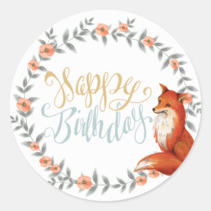 Adesivo Redondo Birthday Fox Wreath