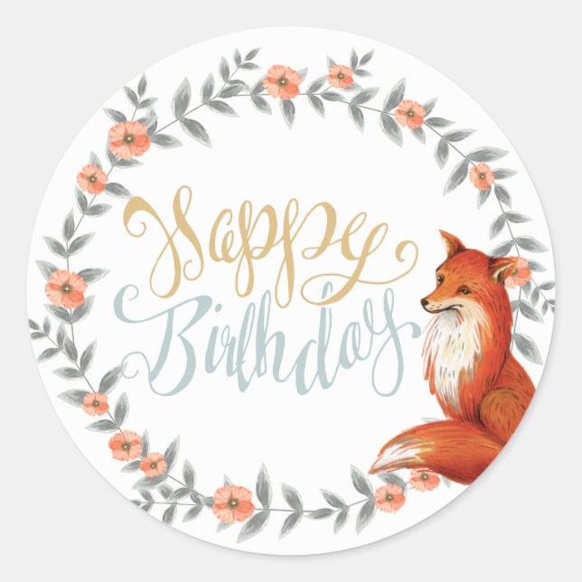 Adesivo Redondo Birthday Fox Wreath (Frente)