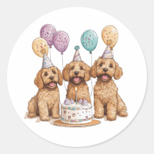 Adesivo Redondo Birthday Goldendoodle Cães Bolo de Aniversário