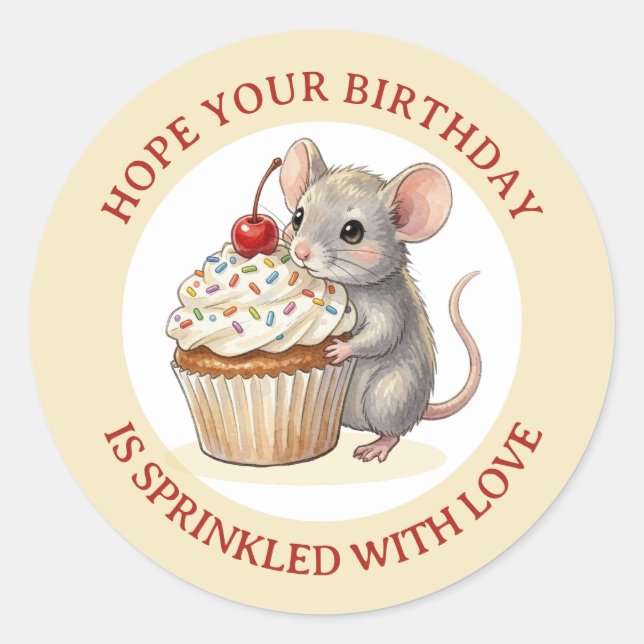 Adesivo Redondo Birthday Mouse with Cupcake | Sprinkled with Love (Frente)