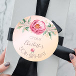 Adesivo Redondo Birthday party glitter blush pink rose gold floral<br><div class="desc">A romantic sticker for a 50th (or any age) birthday party. A rose gold and blush pink gradient background. A large pink watercolored rose, green leaves, foliage with small golden flowers. A rose gold faux glitter drip ribbon behind the flowers. Personalize and add a date, name and age 50. Dark...</div>