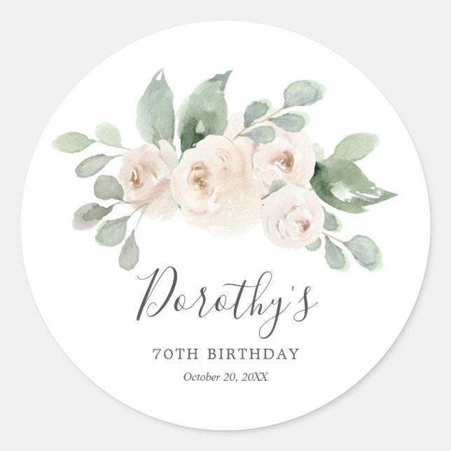 Adesivo Redondo Birthday Sticker Custom 70 White Rose Floral (Frente)