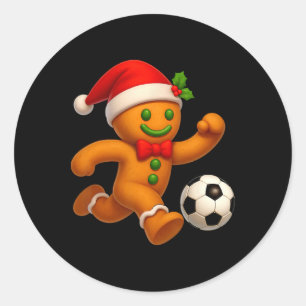 Adesivo Redondo Biscoito de Gengibre Jogando Futebol Feliz Natal