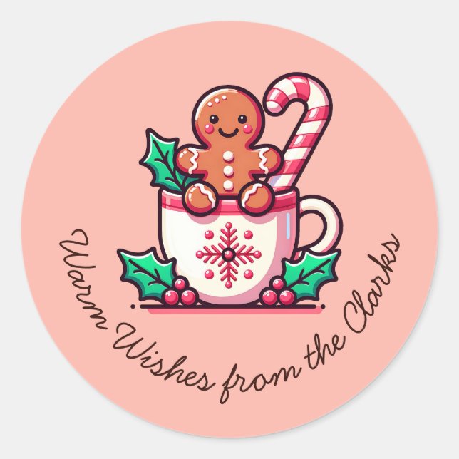 Adesivo Redondo Biscoito de Natal de Gengibre com Desejos Quentes  (Frente)