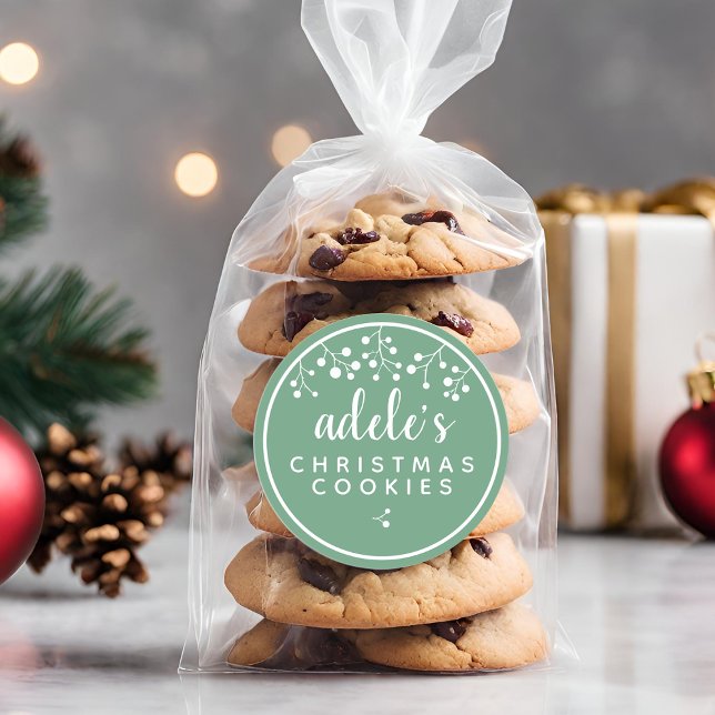 Adesivo Redondo Biscoitos de Natal Personalizados Verdes (Christmas Cookies Personalized Green Classic Round Sticker)