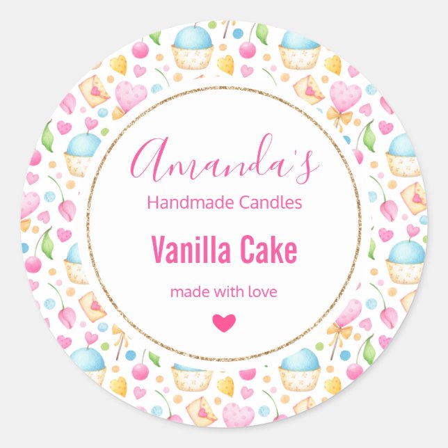 Adesivo Redondo Biz de Velas de Corações e Muffins de Aquarela (Frente)