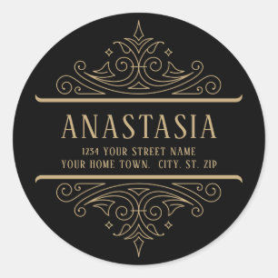 Adesivo Redondo Black and Dourado Vintage Gothic Swirls Address