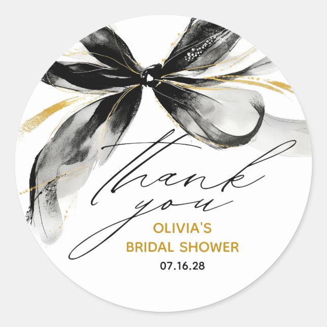 Adesivo Redondo Black and Gold Bow Chic Whimsical Bridal Shower (Frente)