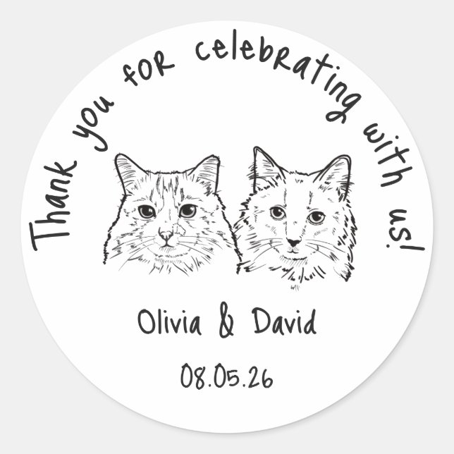 Adesivo Redondo Black and White Cute Cats Wedding Favor (Frente)