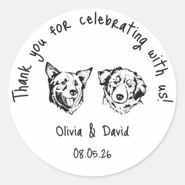 Adesivo Redondo Black and White Cute Dogs Wedding Favor (Frente)