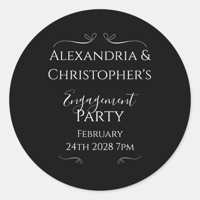 Adesivo Redondo Black and White Elegant Script Engagement Party (Frente)