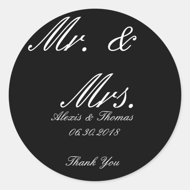 Adesivo Redondo Black and White Round Sr. & Sra. Wedding Stickers (Frente)